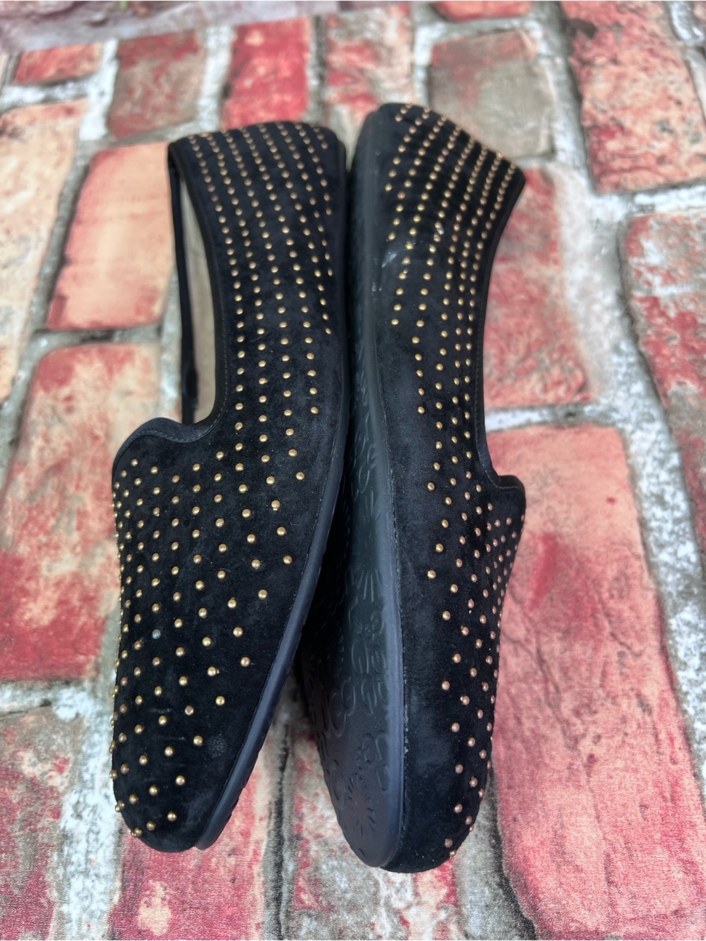 UGG Black Studded Suede Smoking Slippers with Shearling Lining, 11 - Picture 10 of 13
